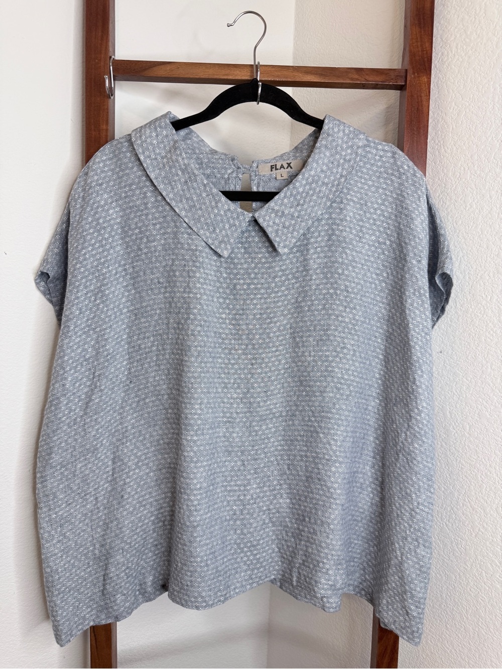 FLAX Jeanne Engelhart Blue White Linen Peter Pan Collar Top L